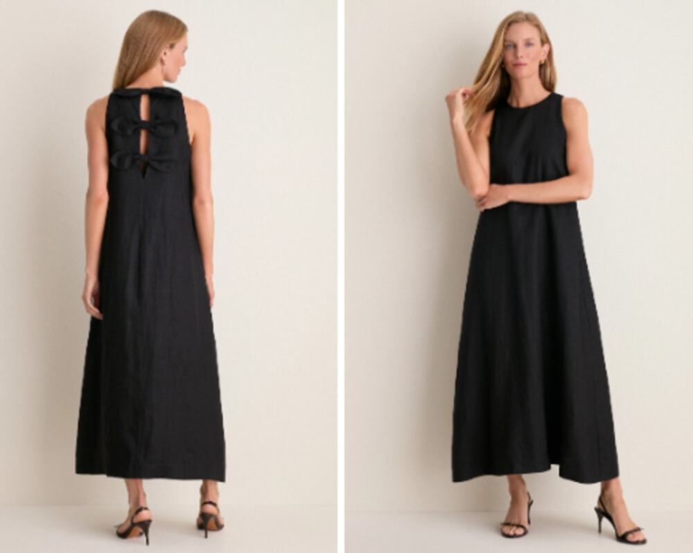 Tuckernuck Black Linen Portia Maxi Dress XXS Bow Back A-Line Sleeveless Evening